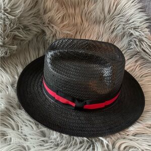 Broad Rim Wicker Hat with Red Trim One Size